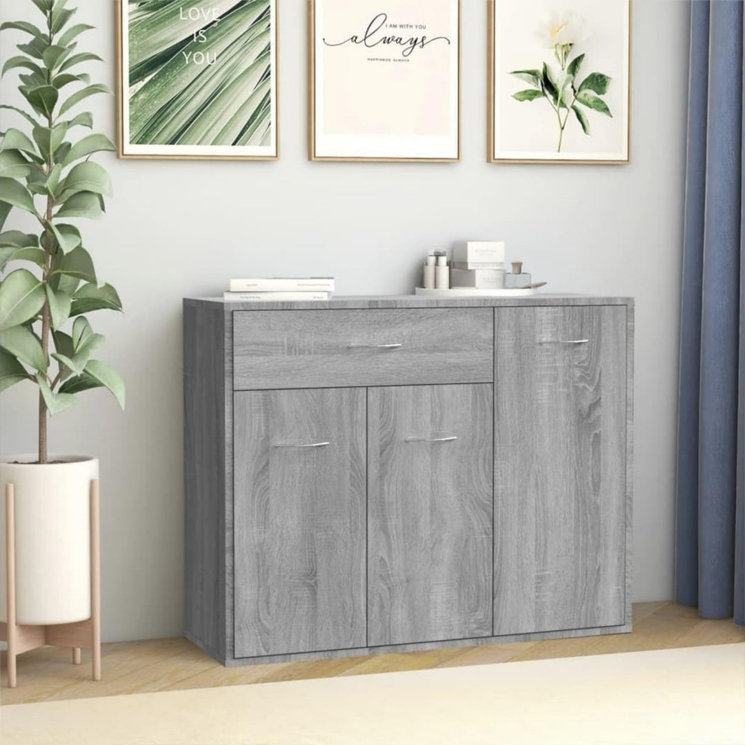 Das Sideboard misst 88 x 30 x 70 cm in Eichenbraun und Grau