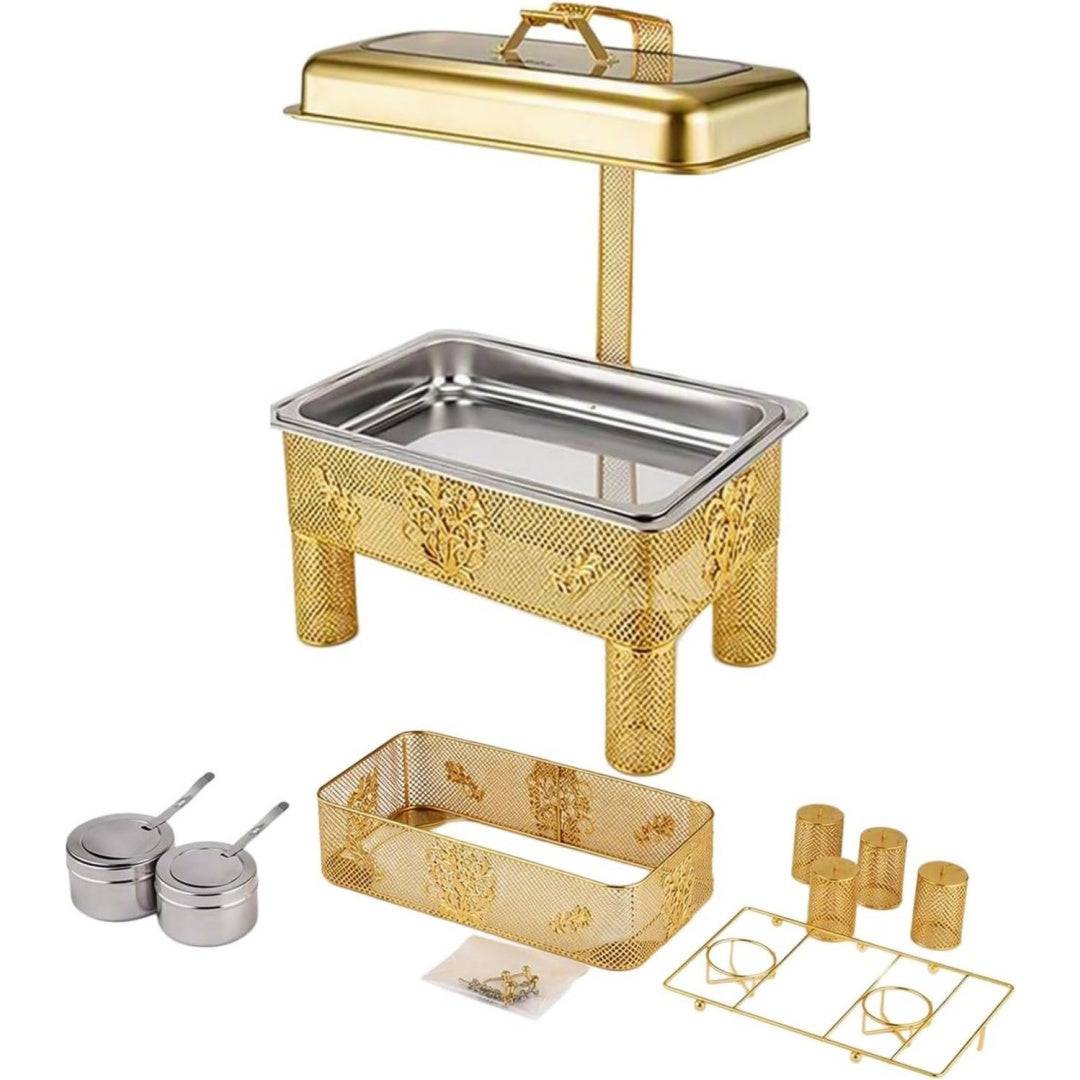 Speisenwaermer aus Samt und Metall in Gold