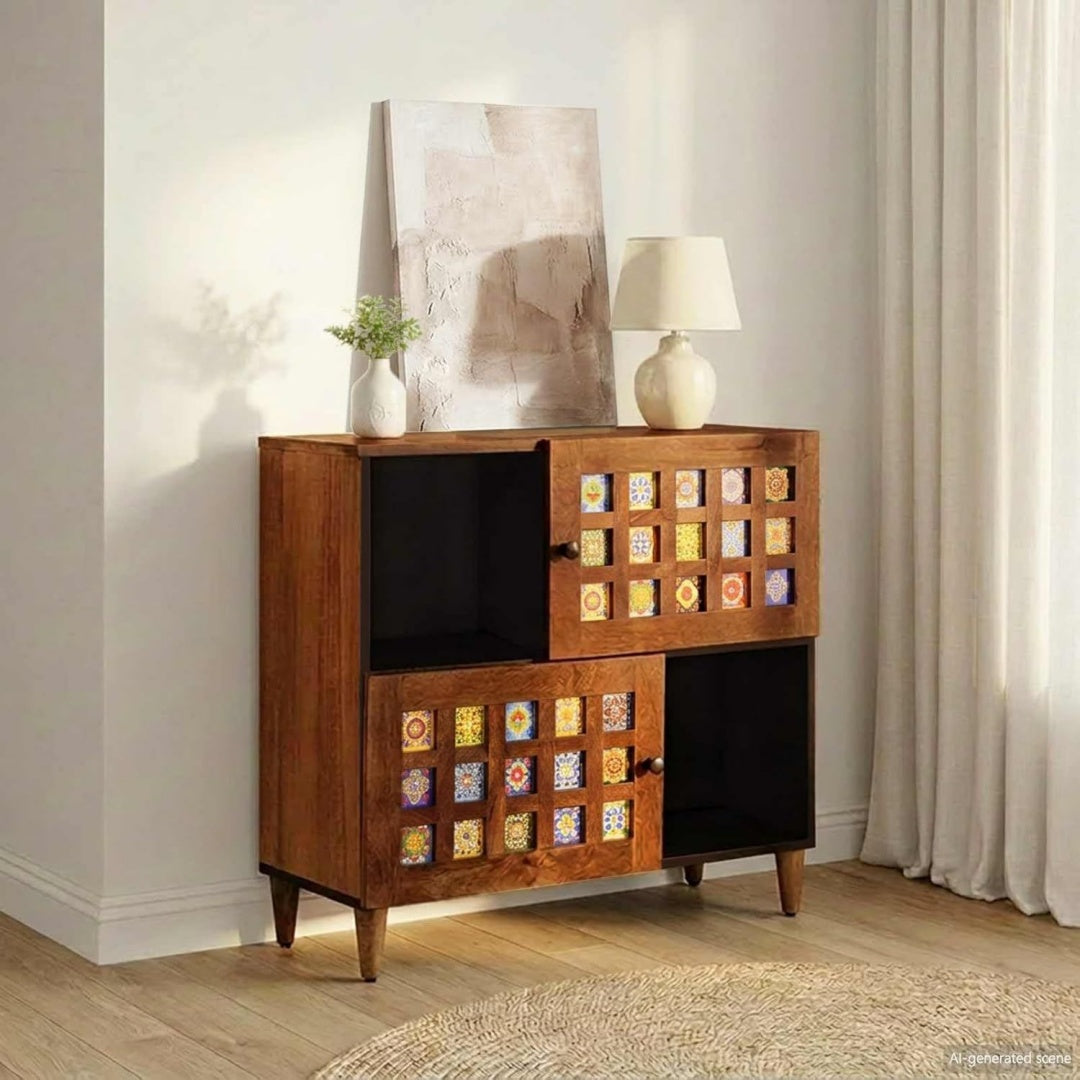 Geschlossener Stauraum trifft auf runde Griffknoepfe an dem Sideboard