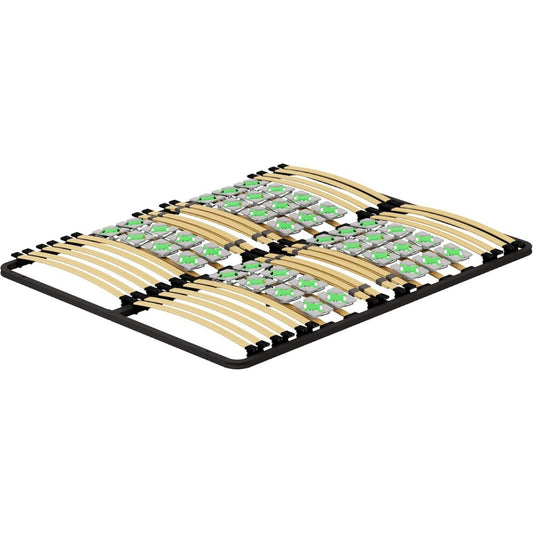 Der Lattenrost misst 180 x 200 cm in Naturbraun und Schwarz