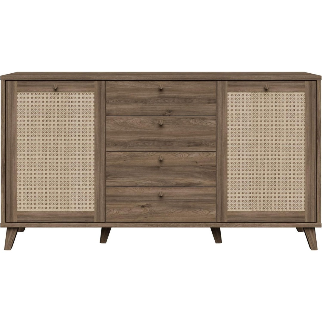 4 Schubladen und Flechtoptik an dem Sideboard